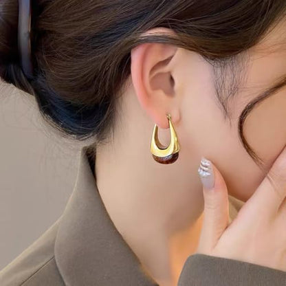 Vintage Amber Resin Hoop Earrings for Women Statement Chunky U-Shaped Brown Thick Dangle Huggie Stainless Steel Retro Trendy Earring Fashion Jewelry Gift for Her