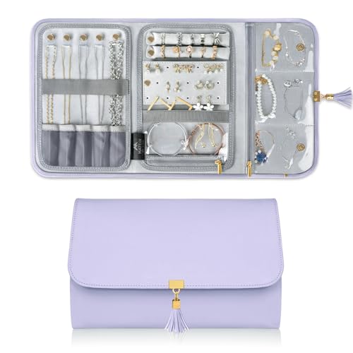 MATEIN Jewelry Organizer for Travel, Womens PU Leather Large Jewerly Holder | Tassel, Roll Envelope Clutch, Separate Compartments, Jewelry Storage Case, for Travel Necklace Earring Ring Bracelet, Purple - color: Purple