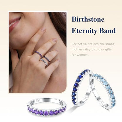 Bezel Set Birthstone Wedding Band 14K Gold Sterling Silver Stackable Half Eternity Band Rings 2.5mm Wide Ruby/Amethyst/Sapphire/Emerald Green/Aquamarine Ring for Women, Send Gift Box - style: 02-Created Amethyst