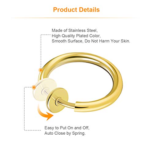 CrazyPiercing 8 pcs of Surgical Steel Clip on Non-Pierced Hoops Fake Nose Lip Ear Rings Piercing - style: gold color