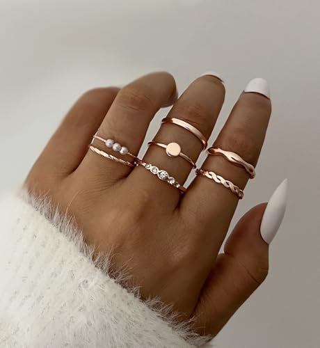 iF YOU 25 Pcs Gold Stackable Ring Set for Women, Chunky Knuckle Finger Midi Rings, Silver Simple Stacking Cute Rings Pack Trendy Stuff Jewelry Gift - style: 25 Rose gold chunky rings