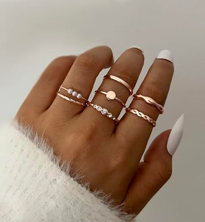 iF YOU 25 Pcs Gold Stackable Ring Set for Women, Chunky Knuckle Finger Midi Rings, Silver Simple Stacking Cute Rings Pack Trendy Stuff Jewelry Gift - style: 25 Rose gold chunky rings