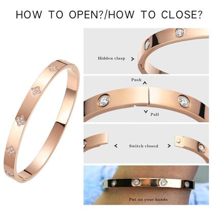 14K Gold Plated Four Leaf Clover Bangle Bracelet | Stainless Steel Lucky Love Cuff with Cubic Zirconia, Hypoallergenic Jewelry Gift for Women - color: Clover Rose Gold-Medium