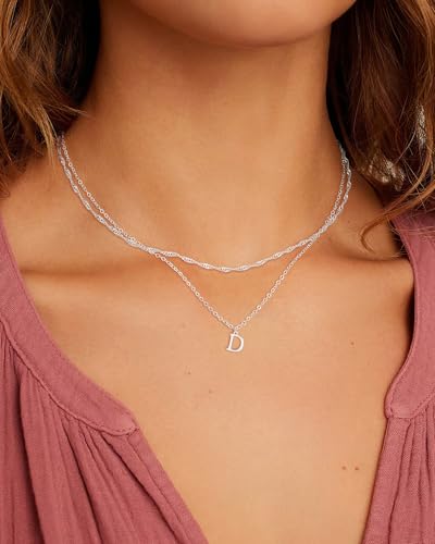 14K Gold Plated Initial Necklaces for Women Dainty Layered Letter Pendant Necklace Cute Choker Necklace Gift Trendy Stuff Personalized Jewelry Stack for Women Her - color: Silver, style: D