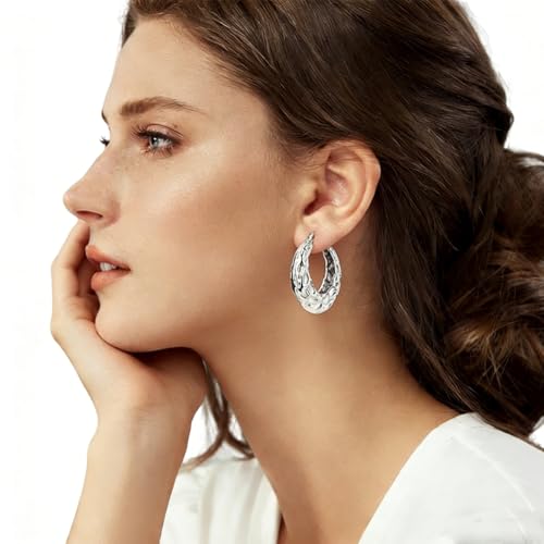 Sterling Silver Chunky Hoops Earring Teardrop Earring | Wide Thick Hypoallergenic Oval Big Large Lightweight Dangle Drop Hoop Earring Jewelry for Women 30MM - color: Chunky silver
