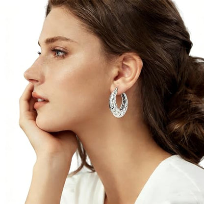 Sterling Silver Chunky Hoops Earring Teardrop Earring | Wide Thick Hypoallergenic Oval Big Large Lightweight Dangle Drop Hoop Earring Jewelry for Women 30MM - color: Chunky silver