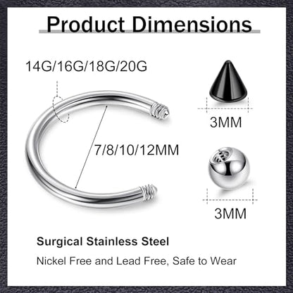 8Pcs 14G 16G 18G 20G Horseshoe Septum Nose Ring Helix Cartilage Earrings Hoops Hypoallergenic Tragus Daith Eyebrow Lip Ring Smily Piercing Jewelry Replacement Ball Spikes 7-12MM - color: Silver + Black, size: 18G