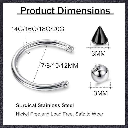 8Pcs 14G 16G 18G 20G Horseshoe Septum Nose Ring Helix Cartilage Earrings Hoops Hypoallergenic Tragus Daith Eyebrow Lip Ring Smily Piercing Jewelry Replacement Ball Spikes 7-12MM - color: Silver + Black, size: 14G
