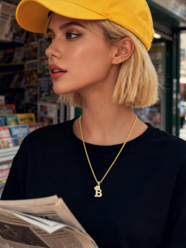 U7 Crown Initial Necklace Men Women, Bling Diamond A-Z 0-9 Letter Pendant with Wheat Chain, Silver/Black/Gold Plated CZ Alphabet Number Hip Hop Jersery for Father Husband - color: a. Gold, size: 02. B
