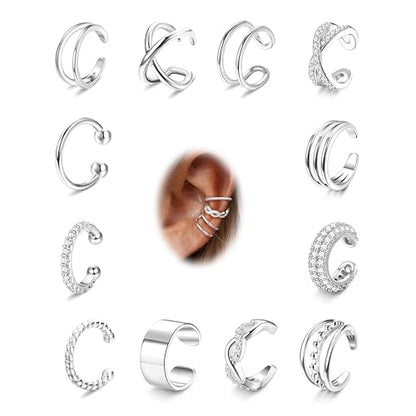 12Pcs Ear Cuff Earrings for Women Non Piercing 14K Gold Plated Ear Cuffs Non Pierced Clip on Cartilage Earring Adjustable Fake Earrings - color: Silver Ear Cuffs