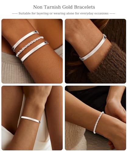 ZOERAY Silver Gold Bangle Bracelets for Women Non Tarnish 14k Gold Plated Stackable Cuff Bracelets for Women Trendy Cubic Zirconia Stainless Steel Chunky Bracelet Stack Set Waterproof Jewelry Gifts - color: C.Rope-Silver