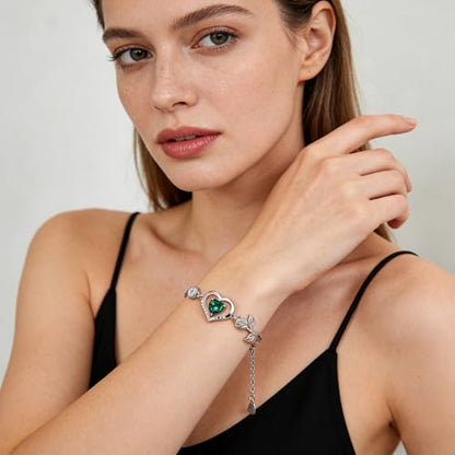 1CT Rose Heart Birthstone Bracelet for Women Love Gift - style: 05-May Emerald Silver