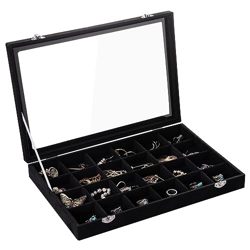Frebeauty 24 Grid Earring Organizer,Velvet Jewelry Tray with Clear Lid | Drawer Jewelry Organizer for Rings Studs Brooch,Adjustable Divider,Dustproof Design,Earring Storage,Trinket Box,13.8×9.5Inch - color: Black, size: 24 Grid