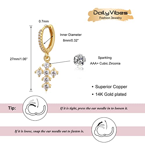 DAILY VIBES Cute Gold Mini Dangle Huggie Hoop Earrings for Women Trendy | 14K Gold Plated, Dainty Cubic Zirconia, Small Hoop Earrings with Charm Drop, Jewelry Gift for Women Ladies - color: Cross B CZ