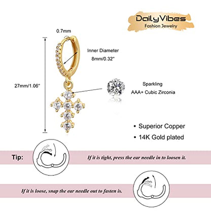 DAILY VIBES Cute Gold Mini Dangle Huggie Hoop Earrings for Women Trendy | 14K Gold Plated, Dainty Cubic Zirconia, Small Hoop Earrings with Charm Drop, Jewelry Gift for Women Ladies - color: Cross B CZ