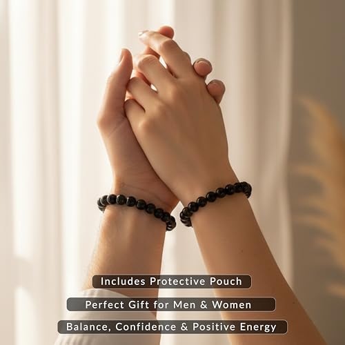 Cherry Tree Collection Tigers Eye Bracelets Plus Over 40 Other Stones – Gemstone Beads for Men & Women, Promotes Protection, Courage, Focus, Balance & Luck – Available in S, M, L with 8mm Round Beads - color: Black Tourmaline, size: Small