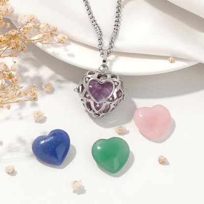 Raicegs Heart Shaped Crystals and Healing Stones 7 Chakra Crystal Necklace 0.8 inch Heart Gemstones Natural Stones Necklaces for Women Spiritual Gift for Women Teen - style: 4PCS-A