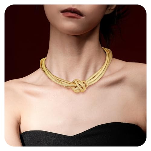 Chunky Gold Choker Necklace for Women, 14K Gold Plated Snake Chain Statement Necklace Triple Twsited Layered Choker Necklaces Jewelry Gifts - style: Knot choker