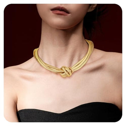 Chunky Gold Choker Necklace for Women, 14K Gold Plated Snake Chain Statement Necklace Triple Twsited Layered Choker Necklaces Jewelry Gifts - style: Knot choker
