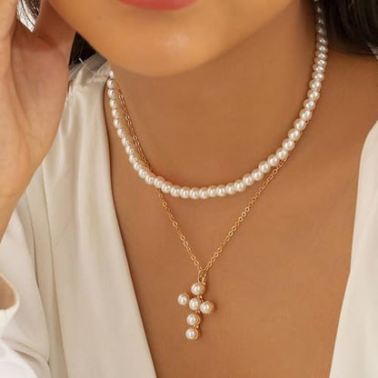 Trinckle Pearl Necklaces for Women, Pearl Choker Dainty Pendant Necklace | White Pendant Choker for Teen Girls, Layered Daisy Jewelry, Wedding Strands for Bride Bridesmaids as Beach Summer Accessories - style: White necklace