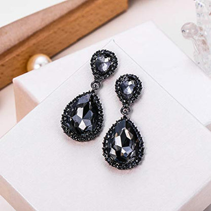 EVER FAITH Women's Austrian Crystal Wedding Tear Drop Dangle Earrings | Bridal Prom Jewelry for Bride Bridesmaid - color: Grey Black-Tone
