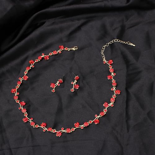 Elegant Brides Austrian Crystal Flower Choker Necklace Drop Dangle Earring Bracelet Wedding Jewelry Set for Bridesmaid Prom Costume Jewelry Set for Women - color: Siam-Gold Plated