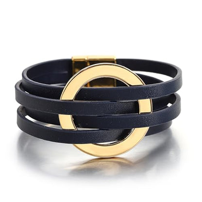 hotoo Circle Charm Bracelets for Women Handmade Leather Wrap Bracelets for Couples Friendship Bracelet Bohemian Cuff Bangle Boho Jewelry Gift - color: New Deep Blue