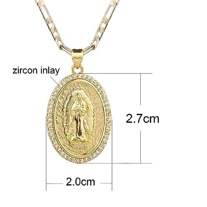 14K Gold Plated Guadalupe Virgin Mary Oval Pendant Necklace for Women Men Zircon Inlay Virgin Mary 3mm Flat Figaro Chain Necklace - color: gold, size: chain length:18"
