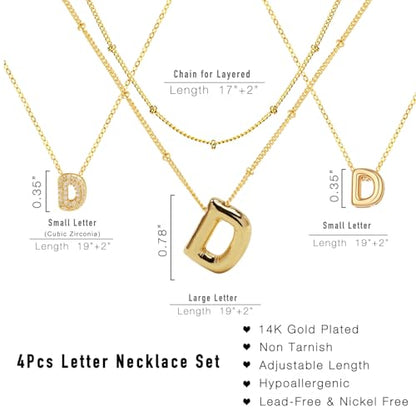 stino 4PCs Bubble Initial Letter Necklace Set, No Tarnish 14K Gold Plated Alphabet Pendant, Jewelry for Women - style: D