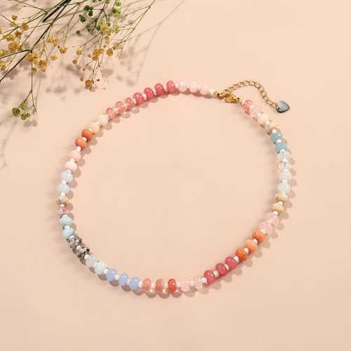 Joya Love Colorful Gemstone Beaded Necklaces For Women Trendy Rainbow Natural Stone Boho Handmade Stainless Steel Waterproof Strand Necklaces Jewelry For Women Gift - color: White pink
