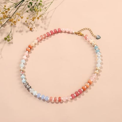 Joya Love Colorful Gemstone Beaded Necklaces For Women Trendy Rainbow Natural Stone Boho Handmade Stainless Steel Waterproof Strand Necklaces Jewelry For Women Gift - color: White pink