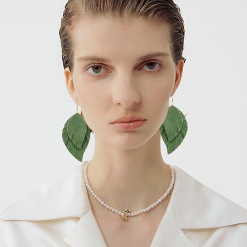 Handmade Bohemian Large Soft Genuine Leather Fringe Double Feather Dangle Drop Earrings Lightweight Simple Color PU Leaf Hook Earrings for Women - color: Dark Green