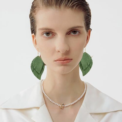 Handmade Bohemian Large Soft Genuine Leather Fringe Double Feather Dangle Drop Earrings Lightweight Simple Color PU Leaf Hook Earrings for Women - color: Dark Green