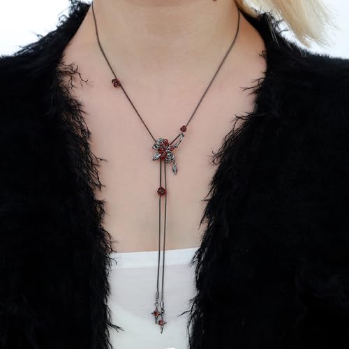Gothic style red and black rose necklace fashionable long tassel necklace personalized women's accessories flower accessories MO43