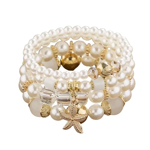 Bohemian Pearl Bracelet Set, 4 Piece Elastic Stretch Beaded Wrist Chain with Starfish Pendant, Boho Faux Pearl Multi-Color Stackable Bracelets for Women - color: Clear