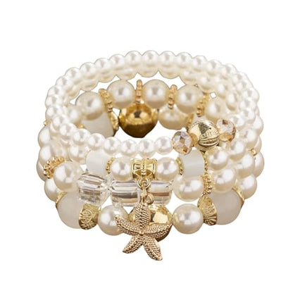 Bohemian Pearl Bracelet Set, 4 Piece Elastic Stretch Beaded Wrist Chain with Starfish Pendant, Boho Faux Pearl Multi-Color Stackable Bracelets for Women - color: Clear