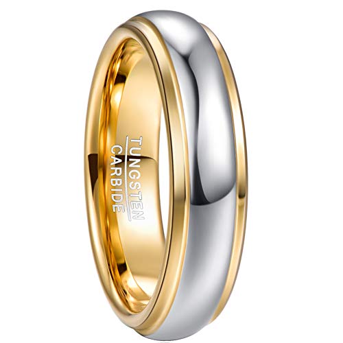 NUNCAD Men Women Tungsten Wedding Engagement Band | 4/6/8mm Two-tone Gold Silver, Domed Polished Step Edges, sizes 5-12 Wedding Band - color: 6mm-Gold & Silver