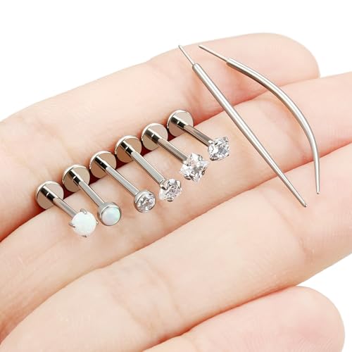 F136 Titanium 20/18/16g Internally Threaded Medusa Monroe Lip Ashley Labret Nose Rings Flat Back Tragus Helix Cartilage Conch Screw Stud Earrings Surgical Steel Piercing Jewelry for Women - color: White CZ, size: 16g*3/8in