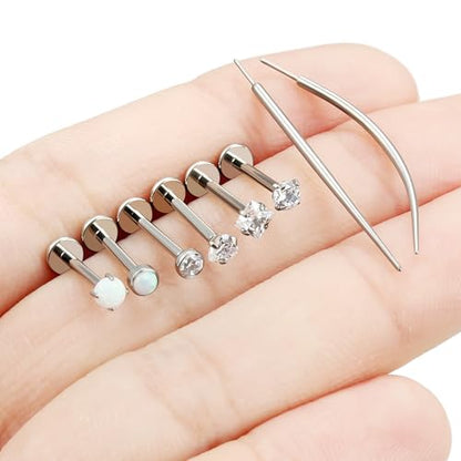 F136 Titanium 20/18/16g Internally Threaded Medusa Monroe Lip Ashley Labret Nose Rings Flat Back Tragus Helix Cartilage Conch Screw Stud Earrings Surgical Steel Piercing Jewelry for Women - color: White CZ, size: 16g*3/8in