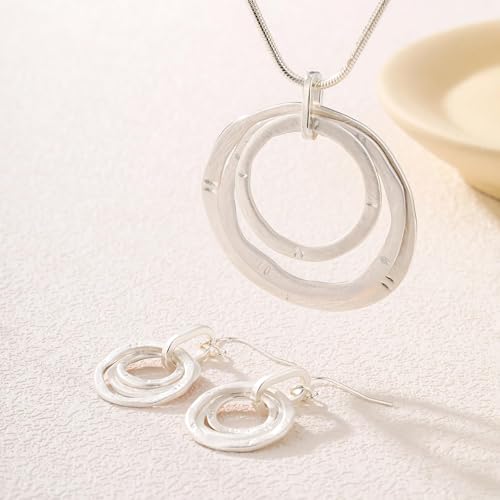 3 Circles Silver Hoop Earrings Necklace Set for Women Geometric Jewelry Set | 925 Silver Hypoallergenic Small Hoop Circle Geometry Textured Finish Minimalist Style Comfortable Wear - style: Silver Hammered Hoop