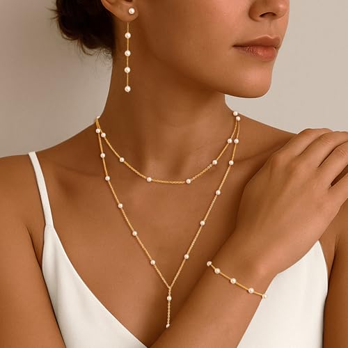 HAXIYA Gold Pearl Y-Shaped Necklace for Women Layered Lariat Long Pendant | 14K Gold Plated/Sterling Silver Dainty Drop Chain Layered Pearl/Beaded Necklaces Simple Gold Jewelry for Women - color: Pearl Set - Gold