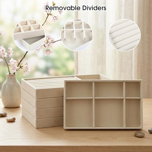 16 Pack Velvet Jewelry Trays for Drawers, Stackable Jewelry Organizer Trays with Dividers, 8.3 x 5 in Drawer Inserts for Rings Necklaces Earrings Bracelets, Beige