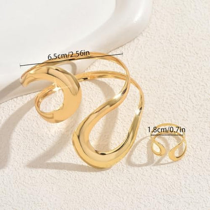 Todenb Gold Bracelets for Women Trendy Chunky Bracelets Gold Big Bracelet Ring Set Fashion Cuff Bracelet A-Gold