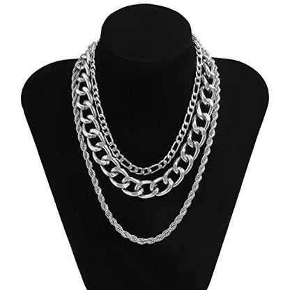 Aimimier 3Pcs Punk Cuban Link Chain Choker Necklace Twist Rope Necklace Chunky Figaro Chain Prom Party Festival Accessory for Women - color: Silver
