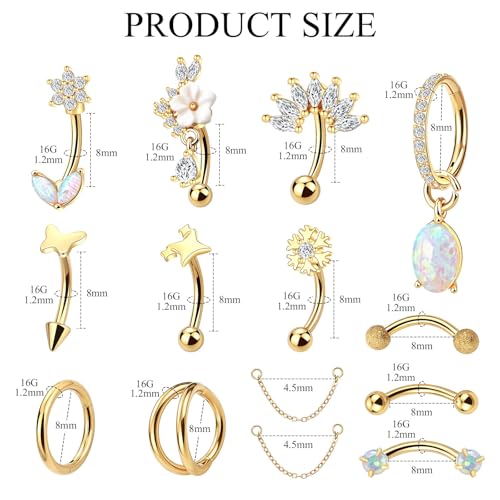 Xpircn Rook Daith Eyebrow Piercing Jewelry 16G Stainless Surgical Steel Curved Barbell Eyebrow Rings Vertical Labret Lip Piercing Jewelry Rook Daith Earrings for Women Men