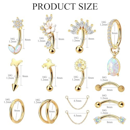 Xpircn Rook Daith Eyebrow Piercing Jewelry 16G Stainless Surgical Steel Curved Barbell Eyebrow Rings Vertical Labret Lip Piercing Jewelry Rook Daith Earrings for Women Men