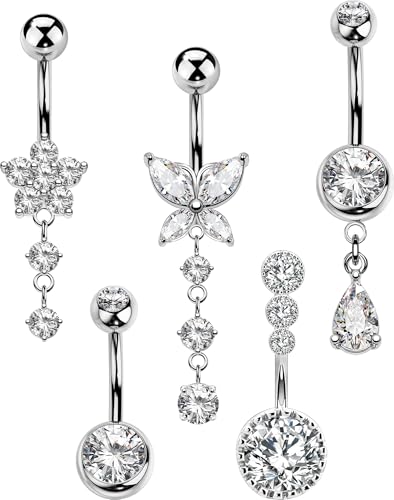 5PCS Belly Button Rings for Women Girls, 14G Surgical Steel Navel Rings Set, Gold & Silver CZ Dangle Body Piercing Jewelry - color: Silver-Butterfly