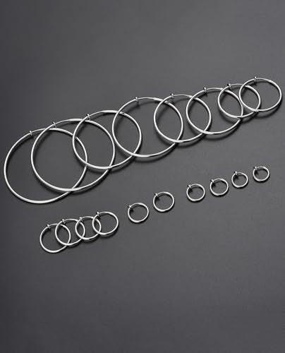 9 Pairs Clip on Hoop Earrings for Women Non Pierced Hoop Earrings Fake Spring Hoop Earrings Silver Gold Tone 9 Sizes - color: A: Silver Tone