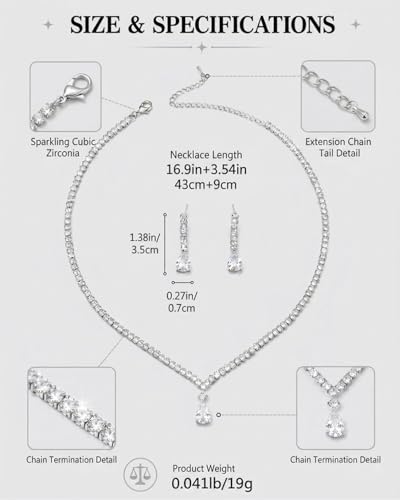 Silver Rhinestone Necklace and Earring Set for Women – Bridal Wedding Jewelry Set, Bridesmaid Accessories, Prom and Formal Costume Jewelry - color: Silver