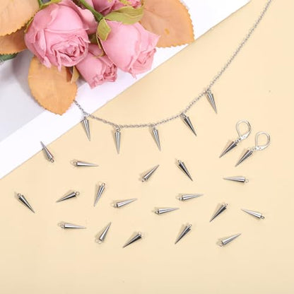 50 Pcs Stainless Steel Cone & Spike Charms Spike Beads Silver Cones Charm Cone Pendants Spikes Punk Style Dangle Earrings & Bracelet Charms for DIY Necklaces Bracelets Earring Making